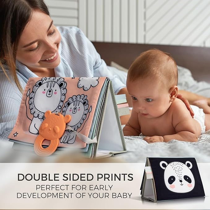 Soft Tummy Time Book w/ Large Stimulating Baby Safe Mirror - Fun High Contrast Montessori Toy w/ Mirror, Crinkle Filling & Silicone Teether