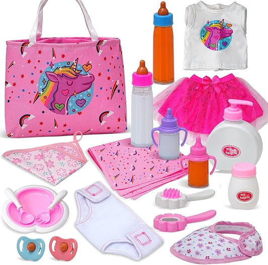 20 PACK Baby Doll Accessories, Baby Disappearing Doll Feeding and Caring Set with 2 Milk & Juice Bottles 2 Toy 18 Inch
