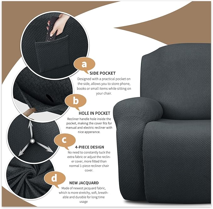 JIVINER Stretch Recliner Chair Covers with Pocket 4 Piece Chair Covers for Reclining Chair Furniture Protector Soft Recliner Cover with Elastic Bottom (Recliner, Dark Gray)