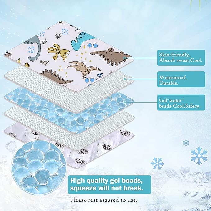 Gel Car Seat Cooler Pad,1 Pcak Double Sides-Universal Baby Stroller Ice Cushion,Summer Cooling Seat Liner,Multifunctional Suitable for Baby Dining Chair,Child Safety Seat(Dinosaur + Elephant)