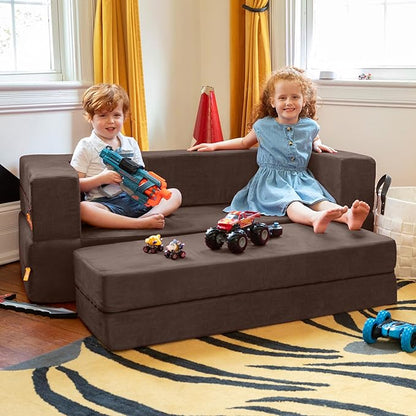 Jaxx Zipline Kids Sofa & Large Ottoman 3 in 1 Fold Out Sofa, Big Kids Edition Chocolate