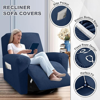 JIVINER Recliner Chair Covers, Jacquard 3 Piece Slipcovers for Recliner Chair Soft Stretch Lazy Boy 1 Seater Reclining Protector with Pockets (Recliner, Navy Blue)