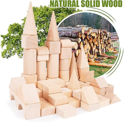 100Pcs Wooden Building Blocks Set- Wood Stacker Stacking Blocks Game Toys for Toddlers, Multiple Shapes