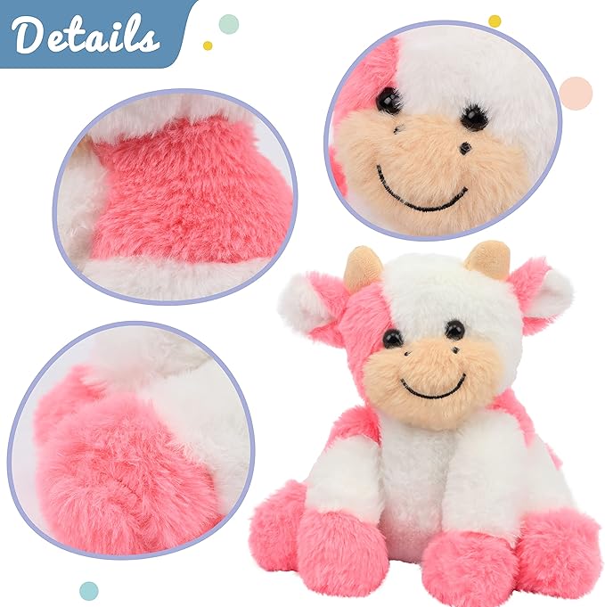 Hopearl Adorable Plush Cow Toy Floppy Dairy Cattle Soft Stuffed Animal Cute Birthday for Boys Girls Kids Toddlers, Strawberry Pink 9''