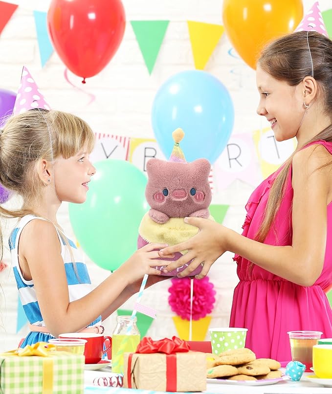 Birthday Stuffed Animal Pig Plush - Adorable Birthday Cake Stuffed Doll, Cute Happy Pig with Glowing Candle, Party Decorations, Kids' Gifts, 11 Inch