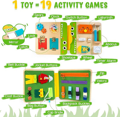 HELLOWOOD Wooden Busy Board for Toddlers 1-3 2-4, Montessori Learning Toy with 19 Eductional Activities