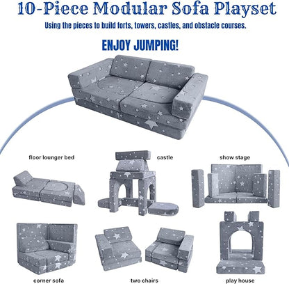 MeMoreCool Kids Couch, 10 Piece Modular Play Couch for Playroom, Fold Out Glow Star Toddler Bed, Foam Building Sofa for Boys and Girls