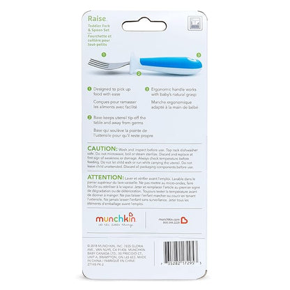 Munchkin® Raise™ Toddler Fork and Spoon Utensil Set, Rest Keeps Tip Off Table, BPA Free, 4 Pack, Blue/Green