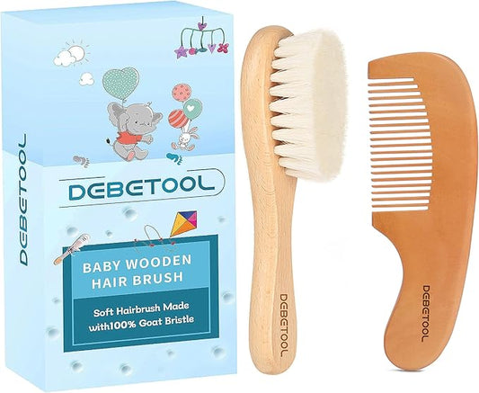 Baby Hair Bush and Comb Set - Wooden Baby Hair Brush Set with Soft Goat Bristle and Baby Comb for Newborns & Toddlers, Ideal for Promotes Healthy Hair Growth, Cradle Cap