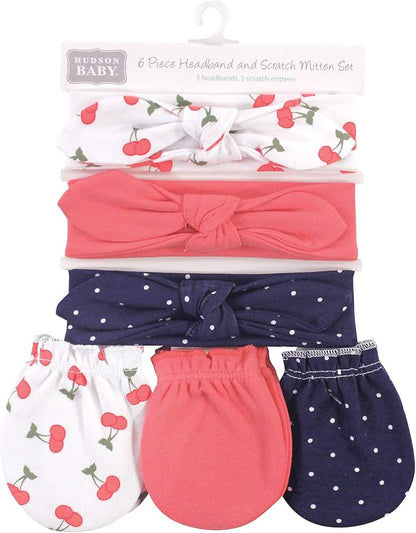 Hudson Baby Baby Girls' Cotton Headband and Scratch Mitten Set