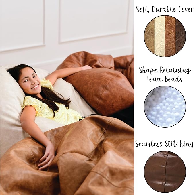 Factory Direct Partners 35" Rustic Western Bean Bag Chair; Distressed Faux Leather, Low to Ground for Reading, Playing Video Games and Relaxing; Flex Seating for Home and School - Hazelnut, 10478-322