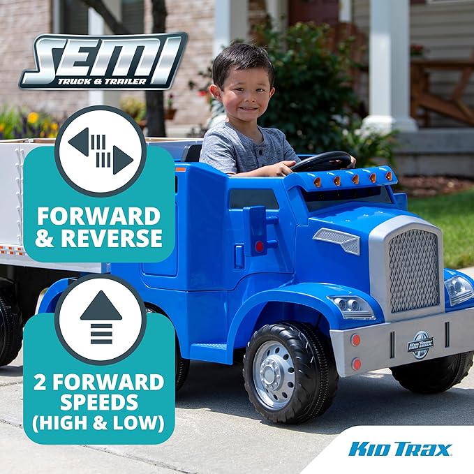 Kid Trax 12V Kids Ride On Semi-Truck with Detachable Trailer - Realistic Sounds, Lights 3-5, Max 77 lbs