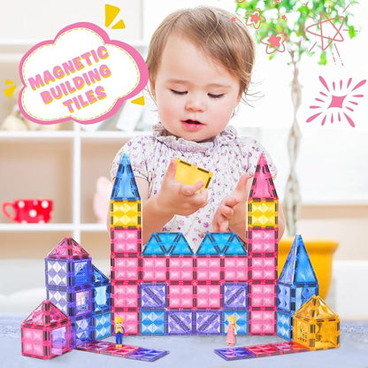 Princess Magnetic Tile Castle 3D Building Block Set - Sensory STEM Educational Building Toddler Kids Toys - Pink Magnetic Building Block with Doll Girl Birthday Gift for 3 4 5 6 7 8 Years Old