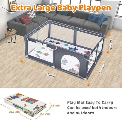 Suposeu Baby Playpen with Mat, Large Playpen for Babies and Toddlers, Play Yard for Indoor and Outdoor Use, Sturdy Safety Fence with Soft Breathable Mesh (71x59 Inches, Grey)