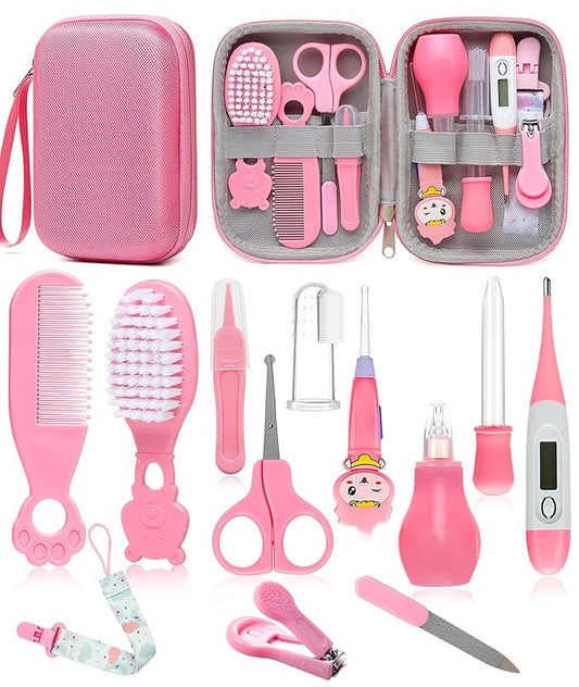 Baby Healthcare and Grooming Kit, Safety Newborn Nursery Baby Care Kit, with Hair Brush Comb, Nail Clipper, Thermometer, Pacifier Clip, Baby Registry Search, Newborn Essentials Girls Boys (Pink)