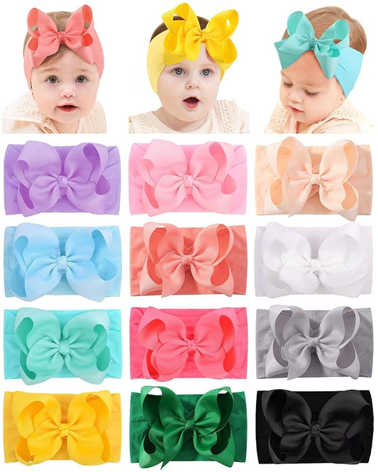 doboi Baby Girl Headbands, 12pcs Nylon Headbands with Big Baby Bows