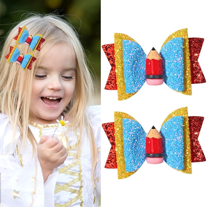 Back to School Bow Hair Clips Red Pencil Bow Clips Students2Pcs(Red)
