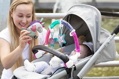 BENBAT Baby Stroller Arch Toy Rainbow Dazzle Friends Play Bar. Fun Newborns Sensory Activity, Adjustable for Bouncers and Car Seat, Unicorn