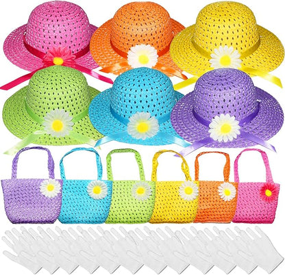 Vegove 6 Pcs Girls Tea Party Straw Hats Country Girl Dress Up with Purse, Gloves & Kits, Children's Summer Beach & Garden Birthday Party Supplies
