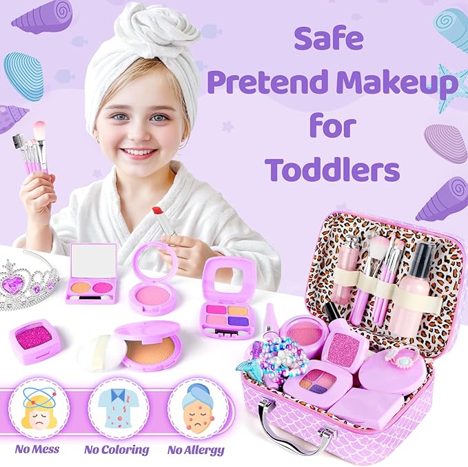 INNOCHEER Pretend Makeup for Toddlers Toys, Fake Makeup Mermaid Toys for Girls Purse 3 4 5 6 7+ Year
