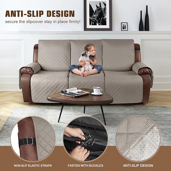 KinCam Waterproof Recliner Sofa Cover, Non-Slip Reclining Couch Covers for 3 Seat, Recliner Couch Cover Furniture Protector with Elastic Straps for Pets, Kids, Khaki