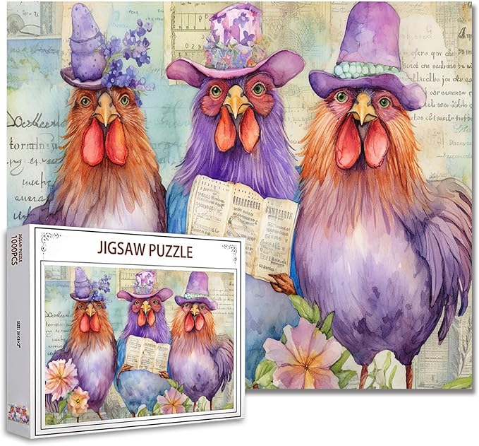 Tucocoo Cute Roosters Jigsaw Puzzles for Adults 1000 Pieces, Funny Watercolor Chickens Wearing Hats Art Jigsaw Puzzle Colorful DIY Puzzles for Home Decoration