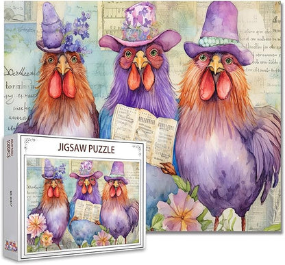 Tucocoo Cute Roosters Jigsaw Puzzles for Adults 1000 Pieces, Funny Watercolor Chickens Wearing Hats Art Jigsaw Puzzle Colorful DIY Puzzles for Home Decoration