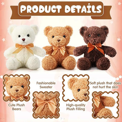 HyDren 12 Pcs Bear Stuffed Animal 12 Inch Bulk Soft Plush Bear Toys with Ribbon Bow Ties Fluffy Bears for Birthday Gift Baby Shower Graduation Wedding Party Favors(Light Brown, Dark Brown