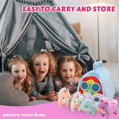 Hopearl Unicorn Plush Rainbow Bag with 4 Baby Unicorns Stuffed Animals Play Set Toy House with Handle Plush Toy Set Gifts for Girls Toddlers Age 3, 4 5, 6, 7, 8 11''