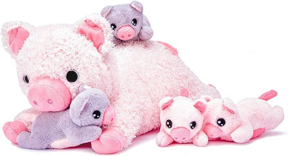 IKASA Mommy Pig Stuffed Animal Mom and Baby Plush Toy,Cute 16" Soft Small Fluffy Mama Family Set Toy with Little Mini Babies