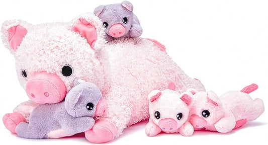 IKASA Mommy Pig Stuffed Animal Mom and Baby Plush Toy,Cute 16" Soft Small Fluffy Mama Family Set Toy with Little Mini Babies