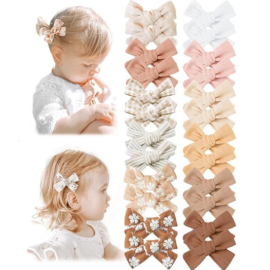 Niceye Baby Hair Clips - 24 Pcs Fully Lined Hair Bow Clips for Fine Hair Cotton Tiny Hair Barrettes for Infants, Toddlers
