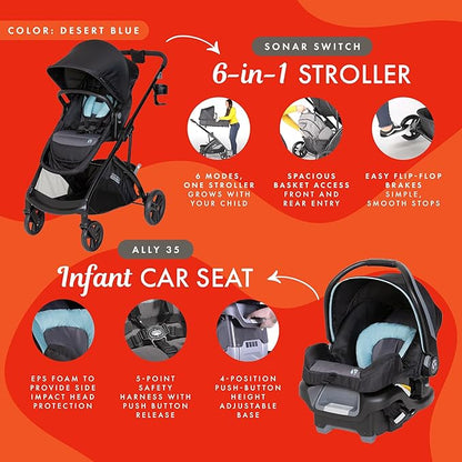 Baby Trend Sonar™ Switch 6-in-1 Modular Stroller Travel System with Ally 35 Infant Car Seat, Desert Blue