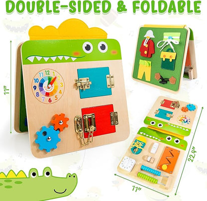 HELLOWOOD Wooden Busy Board for Toddlers 1-3 2-4, Montessori Learning Toy with 19 Eductional Activities