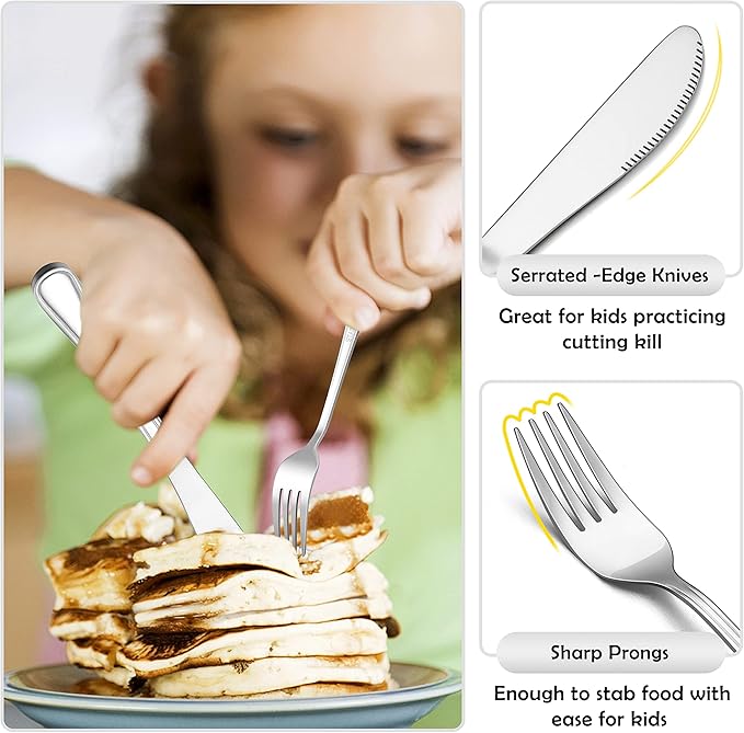 E-far 6-Piece Kids Silverware, Stainless Steel Toddler Utensils Safe for Preschooler/Children, Includes 2 Kids Forks 2 Spoons 2 Knife, Slimline Adult Look & Small Size, Rust Free & Dishwasher Safe