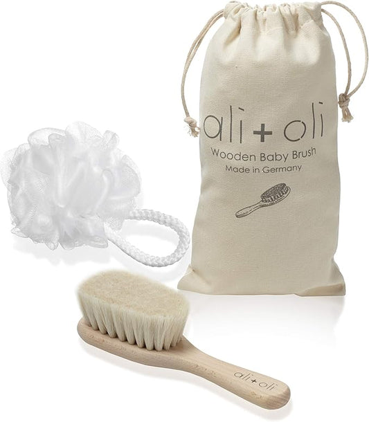 Ali+Oli Newborn Wooden Hair Brush- Baby Brush Set for Newborns- Baby Hair Brush with Mini Loofah- Infant Hair Brush, Cradle Cap, Wooden Baby Brush with Soft Goat Bristle