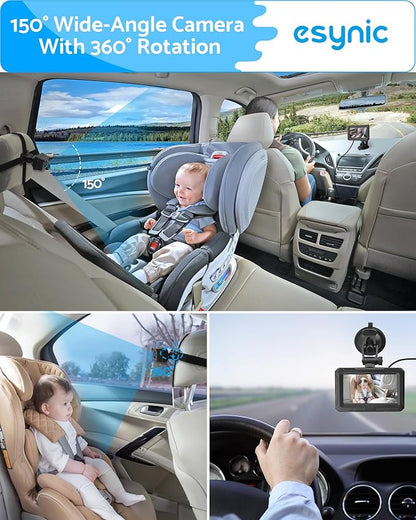 eSynic Baby Car Camera with 4.3 Inch Screen Backseat Baby Monitor 1080P HD Night Vision USB-Powered 360° Rotating Lens 150° Wide Angle 8 LEDs for Baby Car Seat Monitoring Driving Safety