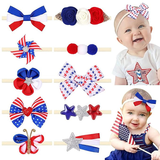 4th of July Baby Girl Bows, 10pcs America Flag Elastic Nylon Baby Headbands