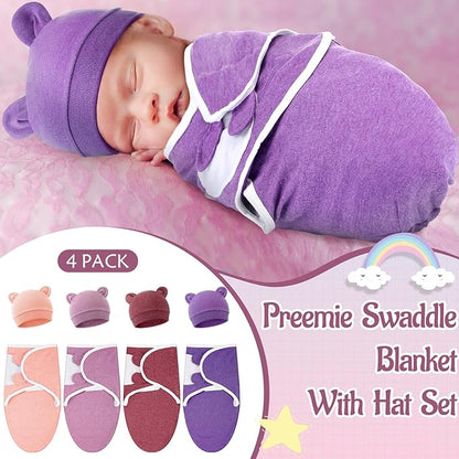 Buryeah 4 Pack Preemie Swaddle Blanket Wrap Set with Hat for Baby Boys Girls 3-7 Lbs Preemie Newborn Clothes Sleepers Cap