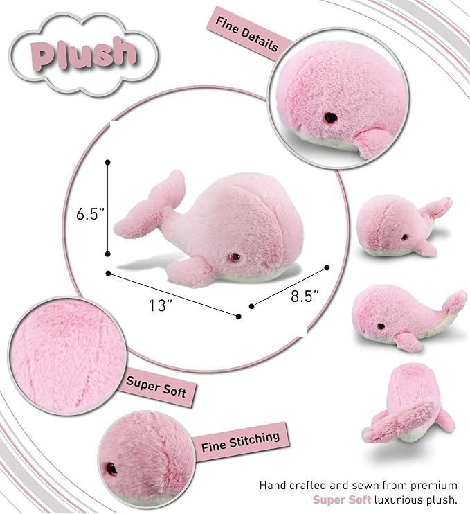 DolliBu Plush Whale Stuffed Animal - Soft Huggable Pink Whale, Adorable Playtime Whale Plush Toy 13 Inches