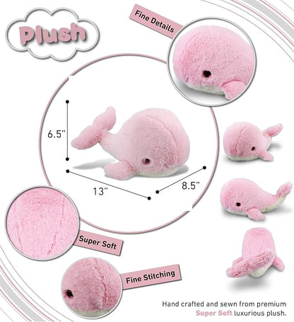 DolliBu Plush Whale Stuffed Animal - Soft Huggable Pink Whale, Adorable Playtime Whale Plush Toy 13 Inches