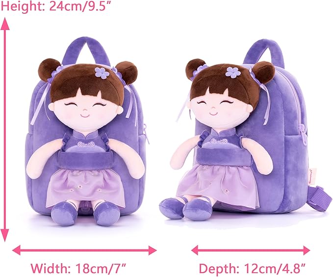 Gloveleya Kids Backpack Toddler Backpack Soft Plush Asian Girl Doll 9"