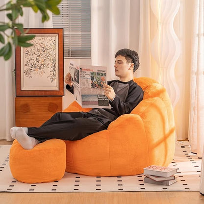 Giant Bean Bag Chair with Foot Pedals, Oversized Bean Bag Couch for Adults and Kids, Faux Fur Shell-Shaped Large Bean Bag Chair with Filler, Pumpkin Shape Sofa Chair Floor Sofa for Reading (Orange)