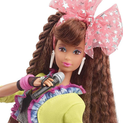 Barbie Rewind 80s Edition Dolls’ Night Out Doll, Brunette in Party Look Featuring Neon Jacket, Skirt & Accessories with Cassette Tape Doll Stand