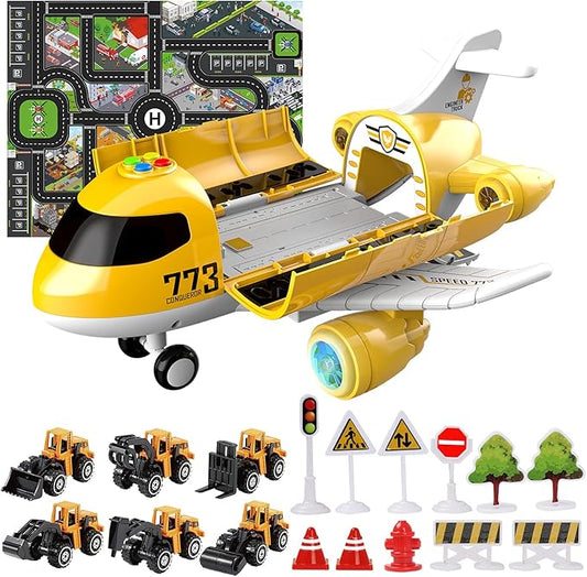 Hapavis Airplane Toys with Construction Truck Engineering Vehicle Play Mat