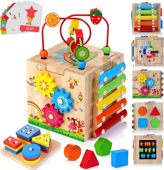 HELLOWOOD Wooden Activity Cube, 8-in-1 Montessori Toys for 1+ Year Old Boys & Girls 1-2, First