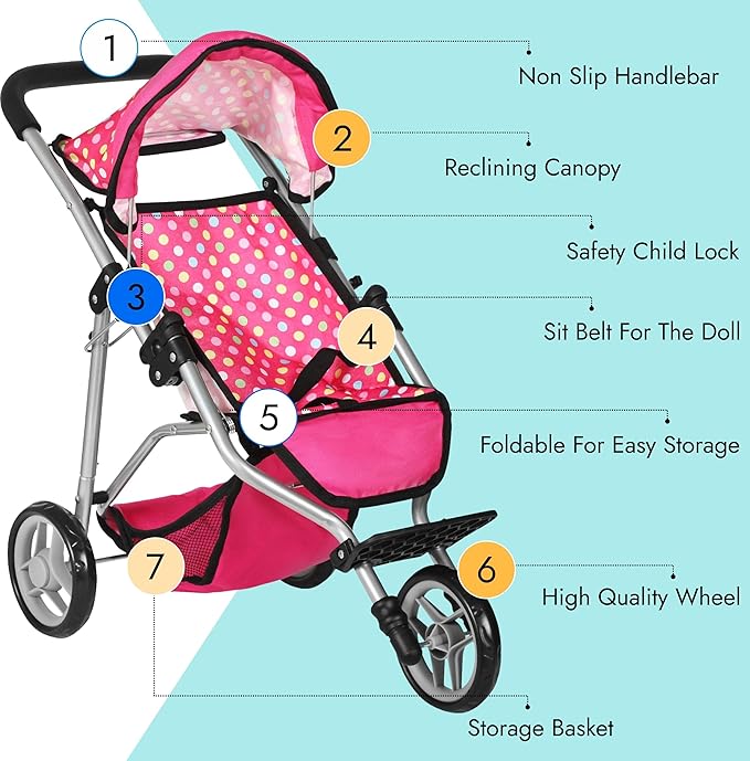 Fash N Kolor - Baby Doll Stroller with Adjustable Canopy & Toy Storage Basket