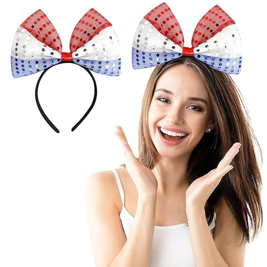 Hairband - 4th of July Decorations Bow Headband with Tassel, Sequins Red Blue White