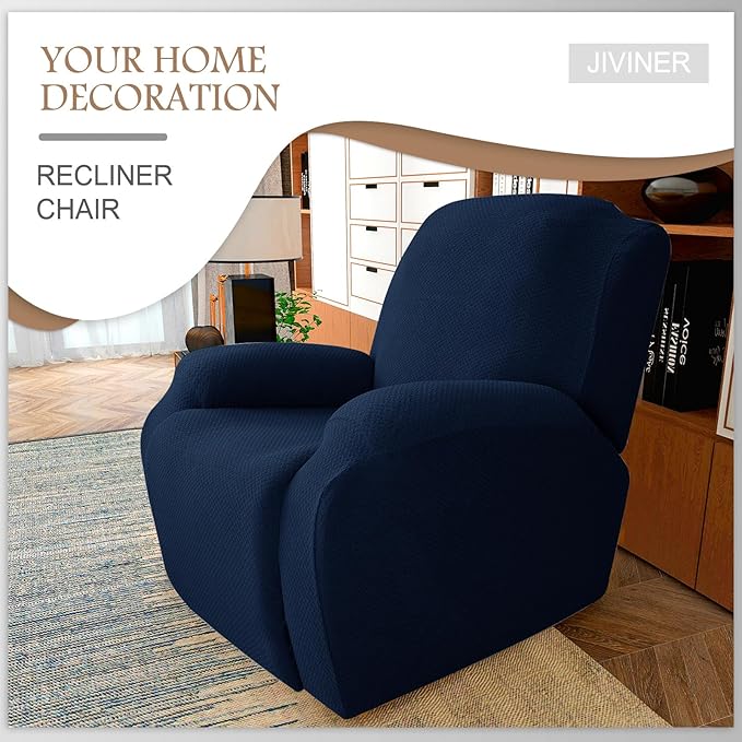 JIVINER 4-Piece Recliner Chair Covers Stretch Jacquard Covers for Recliner Chair Recliner Slipcovers for Living Room Soft Recliner Protector with Pocket (Recliner, Navy Blue)