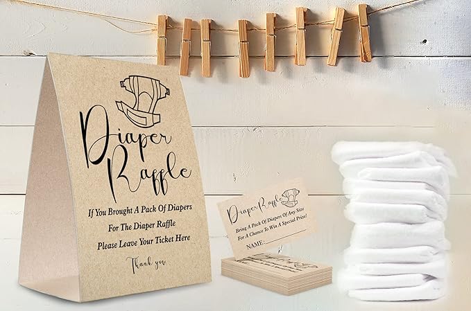 Kraft Paper Diaper Raffle Sign,Diaper Raffle Baby Shower Game Kit (1 Standing Sign + 50 Guessing Cards) Diapers-NPZ18